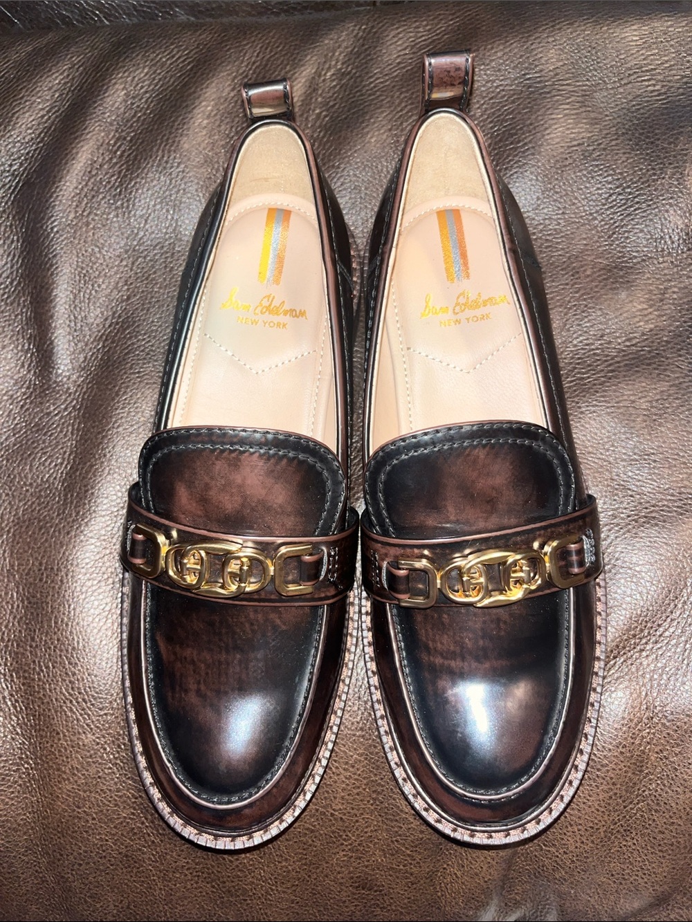 Sam Edelman Chesnut Leather Loafers with Gold Horsebit